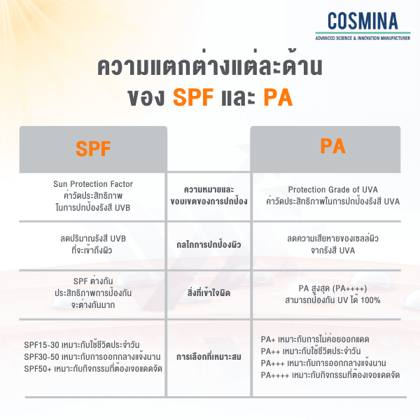 ความแตกต่างแต่ละด้าน ของ SPF และ PA